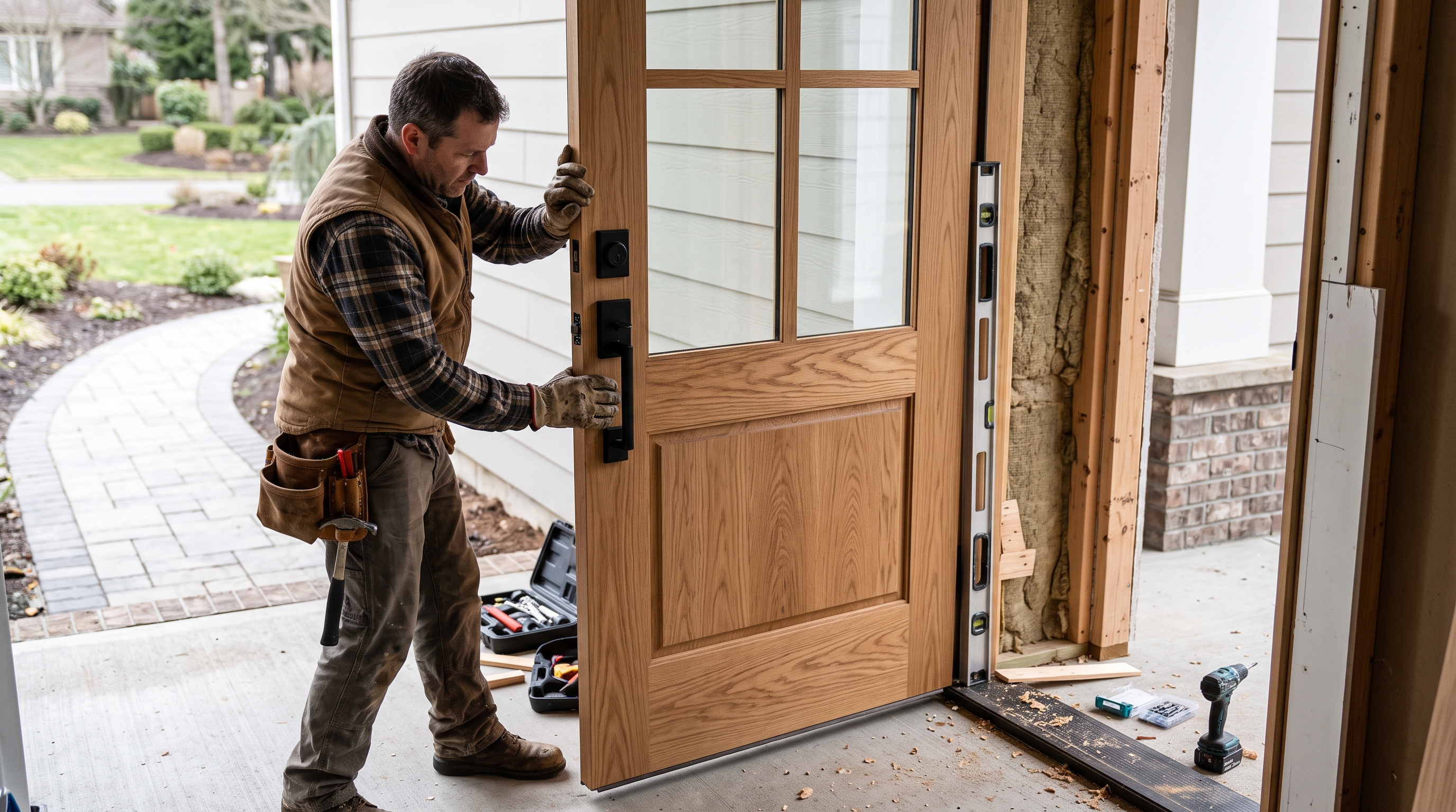 Artisan craftsman laser leveling and hanging solid wood entry door in Loveland, CO