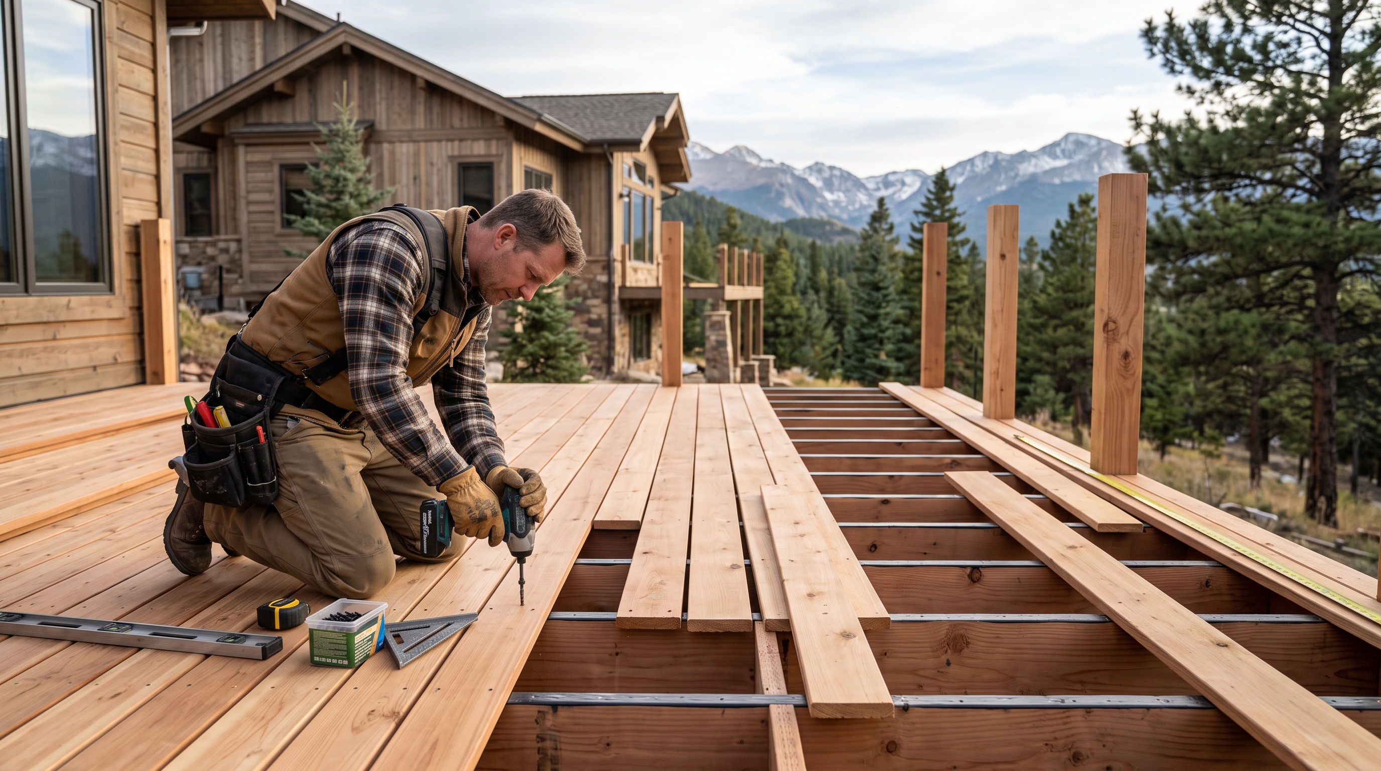 Deck builder fastening cedar planks with Rocky Mountain vista in Loveland, CO