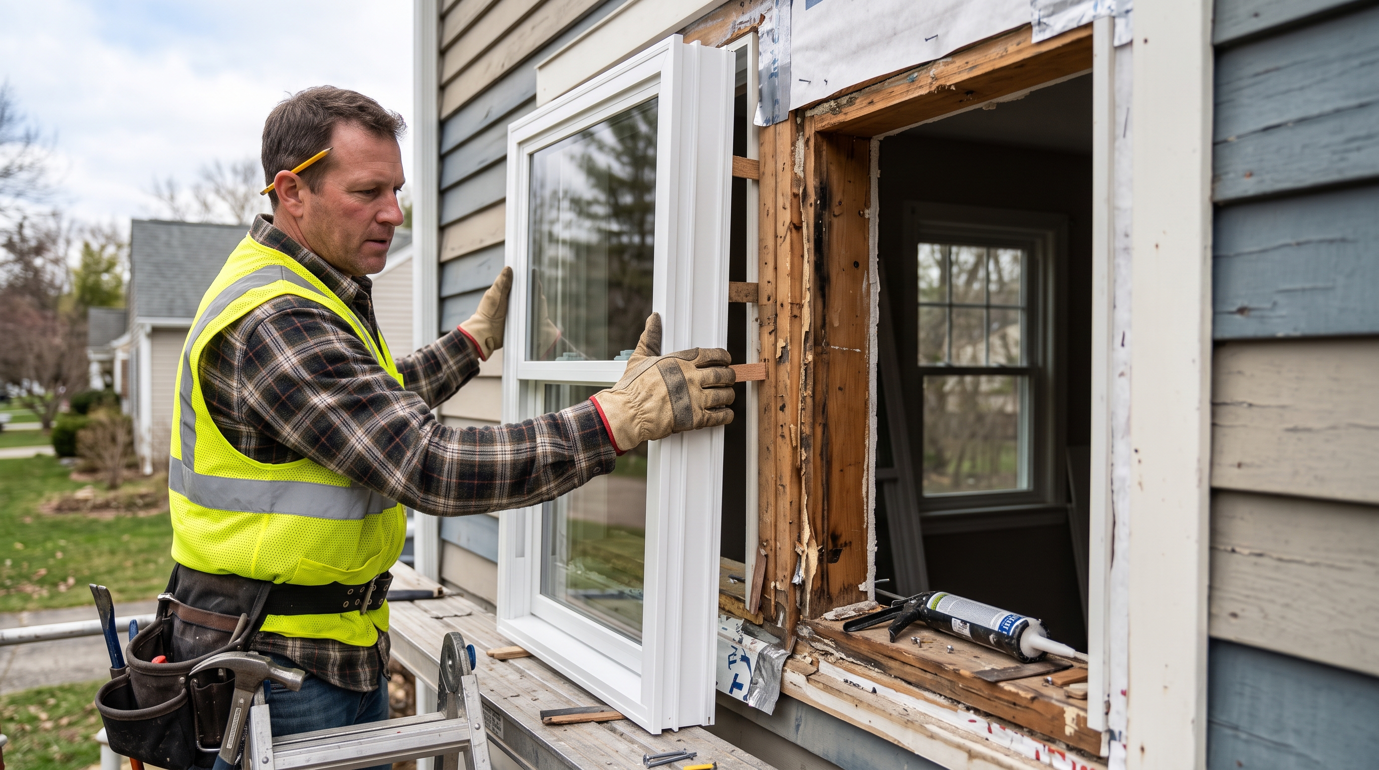 Professional installer securing custom residential window frame in Loveland, CO